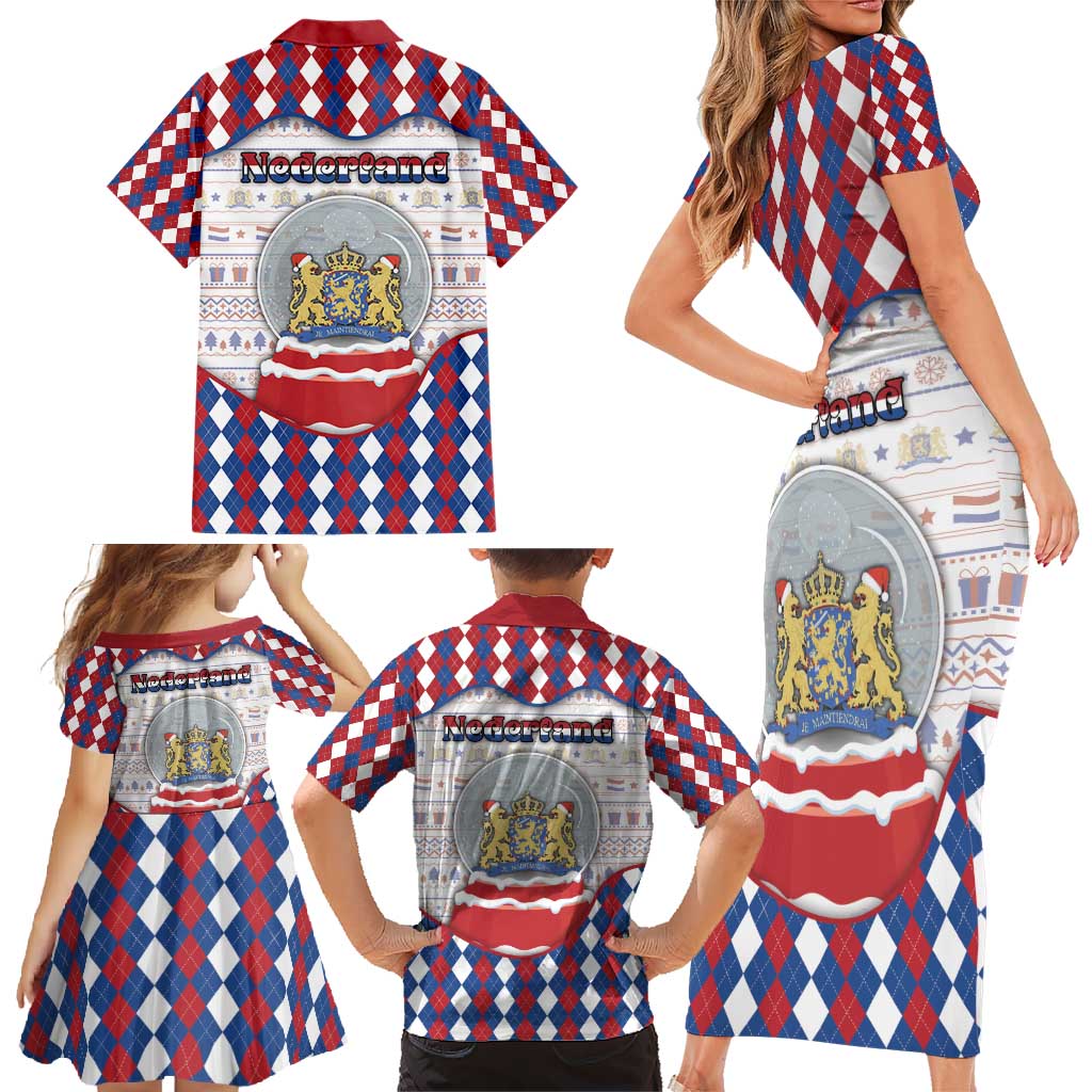 Netherlands Christmas Family Matching Short Sleeve Bodycon Dress and Hawaiian Shirt Lion Symbol In Snow Globe - Wonder Print Shop