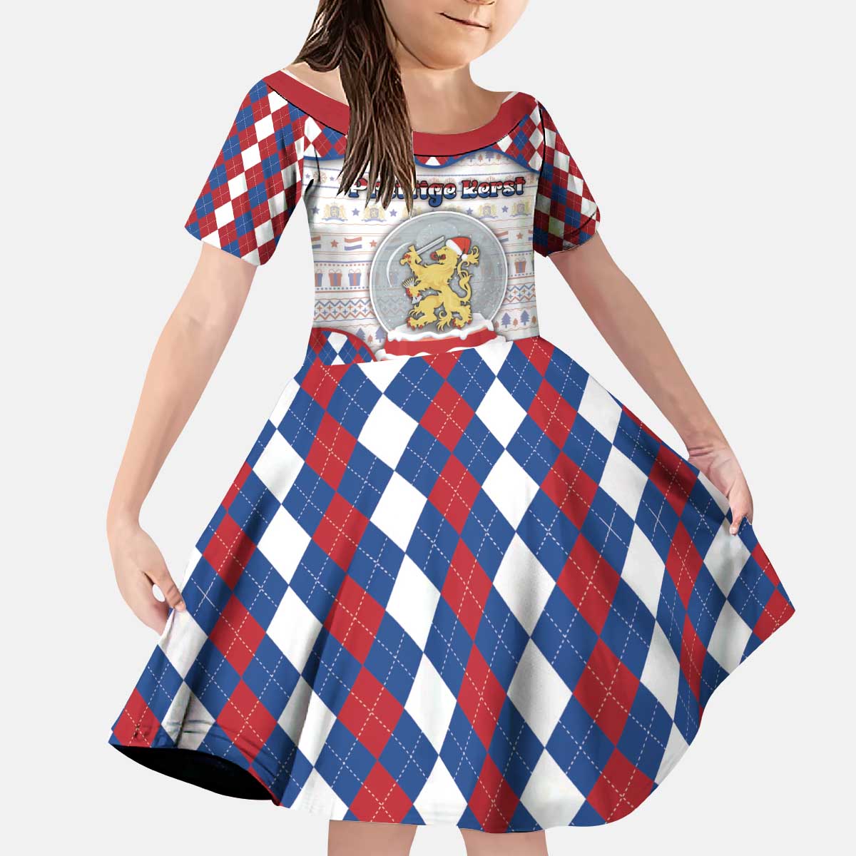 Netherlands Christmas Kid Short Sleeve Dress Lion Symbol In Snow Globe - Wonder Print Shop