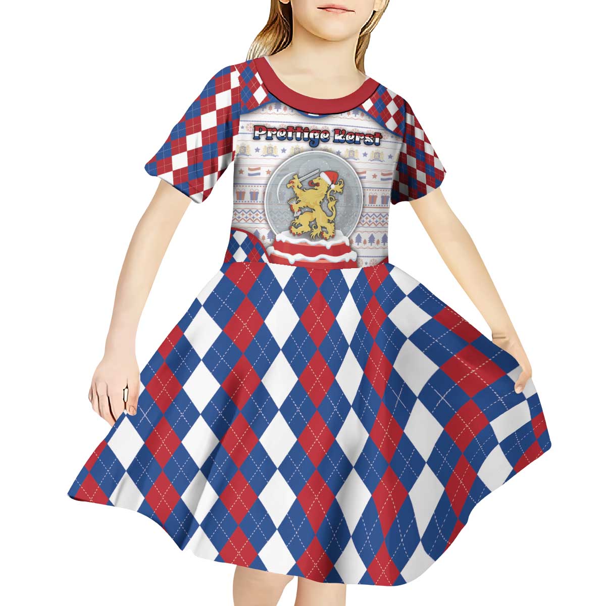 Netherlands Christmas Kid Short Sleeve Dress Lion Symbol In Snow Globe - Wonder Print Shop
