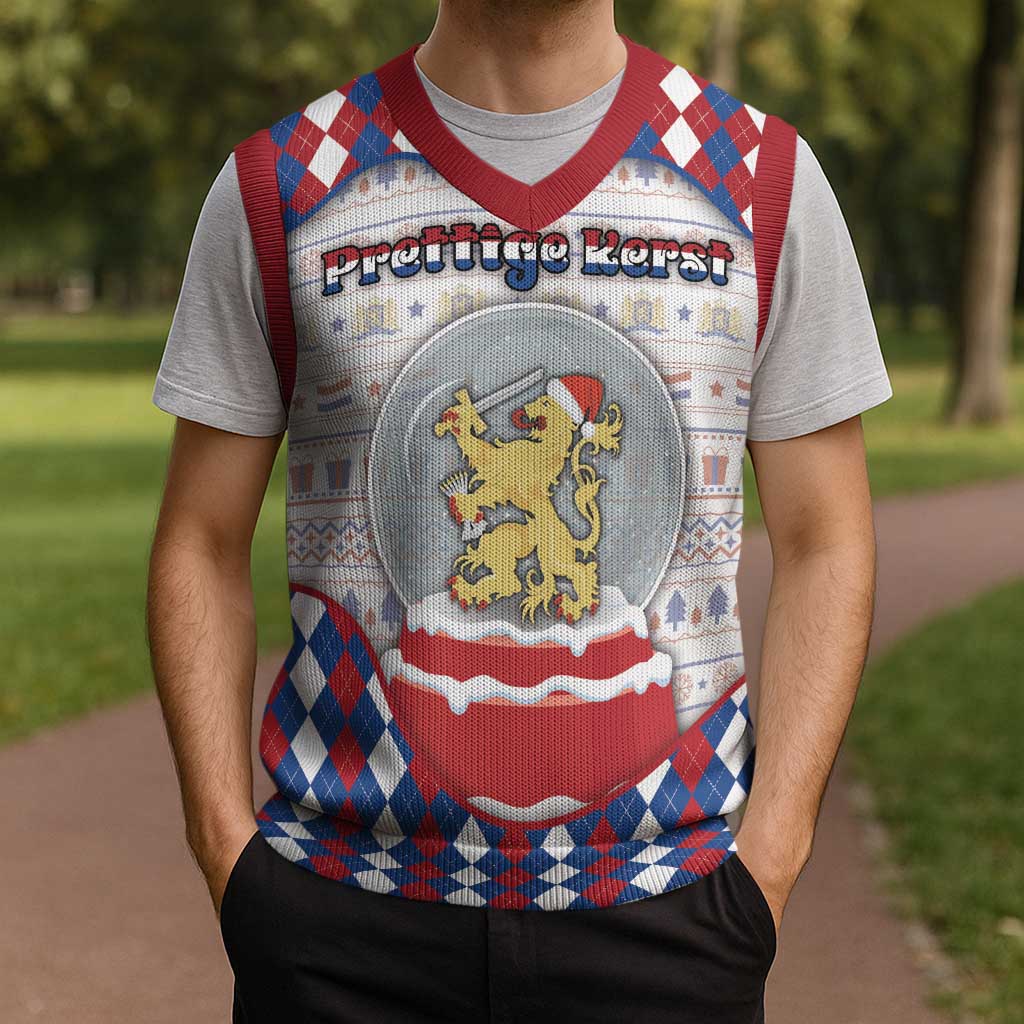 Netherlands Christmas Knitted V-Neck Vest Lion Symbol In Snow Globe - Wonder Print Shop