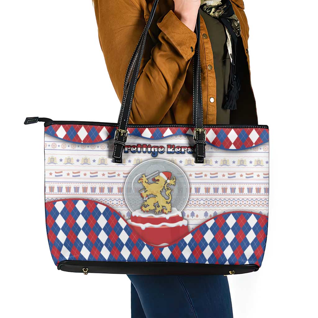 Netherlands Christmas Leather Tote Bag Lion Symbol In Snow Globe - Wonder Print Shop