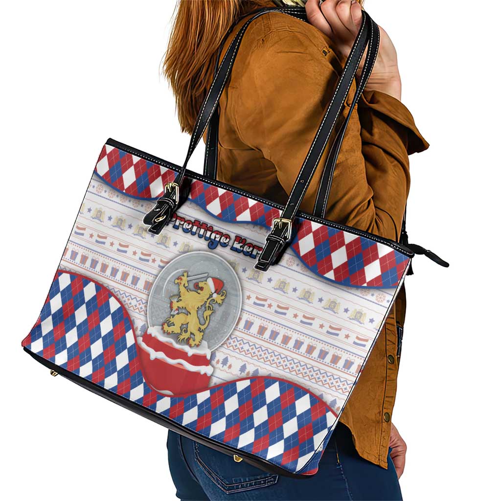Netherlands Christmas Leather Tote Bag Lion Symbol In Snow Globe - Wonder Print Shop