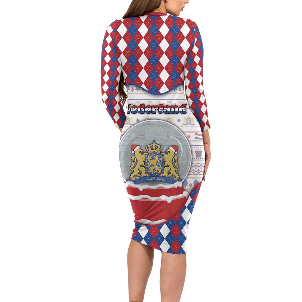 Netherlands Christmas Long Sleeve Bodycon Dress Lion Symbol In Snow Globe - Wonder Print Shop
