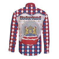 Netherlands Christmas Long Sleeve Button Shirt Lion Symbol In Snow Globe - Wonder Print Shop