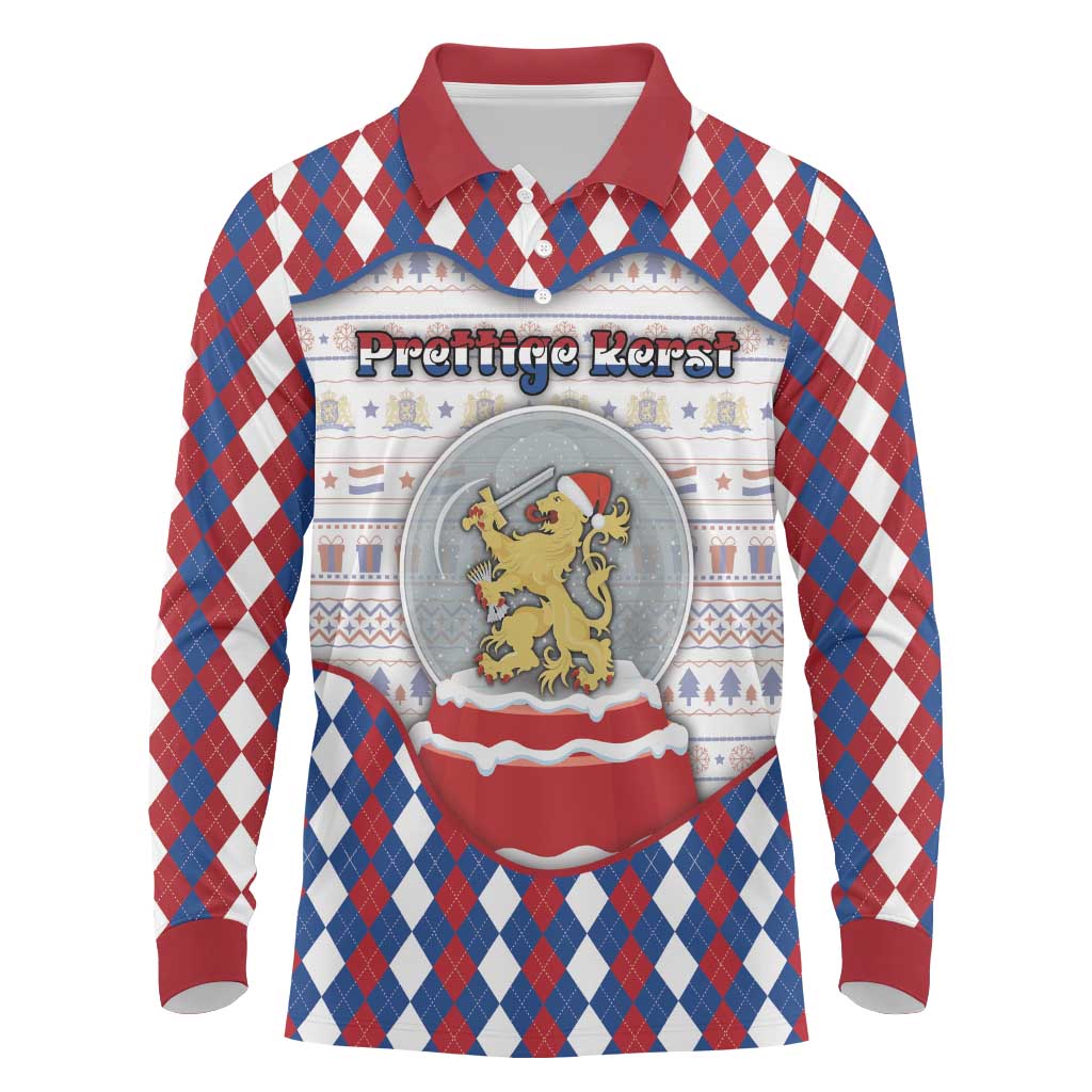 Netherlands Christmas Long Sleeve Polo Shirt Lion Symbol In Snow Globe - Wonder Print Shop