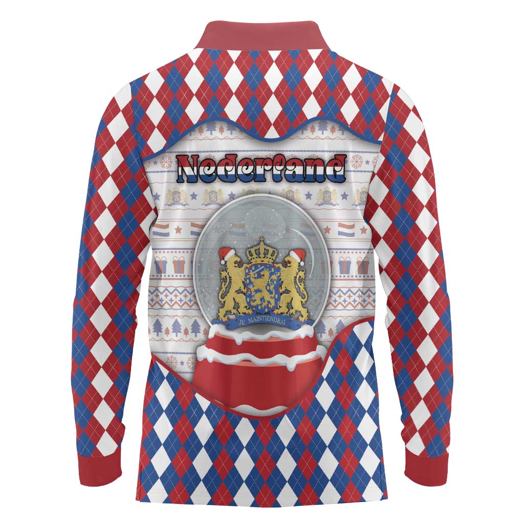 Netherlands Christmas Long Sleeve Polo Shirt Lion Symbol In Snow Globe - Wonder Print Shop