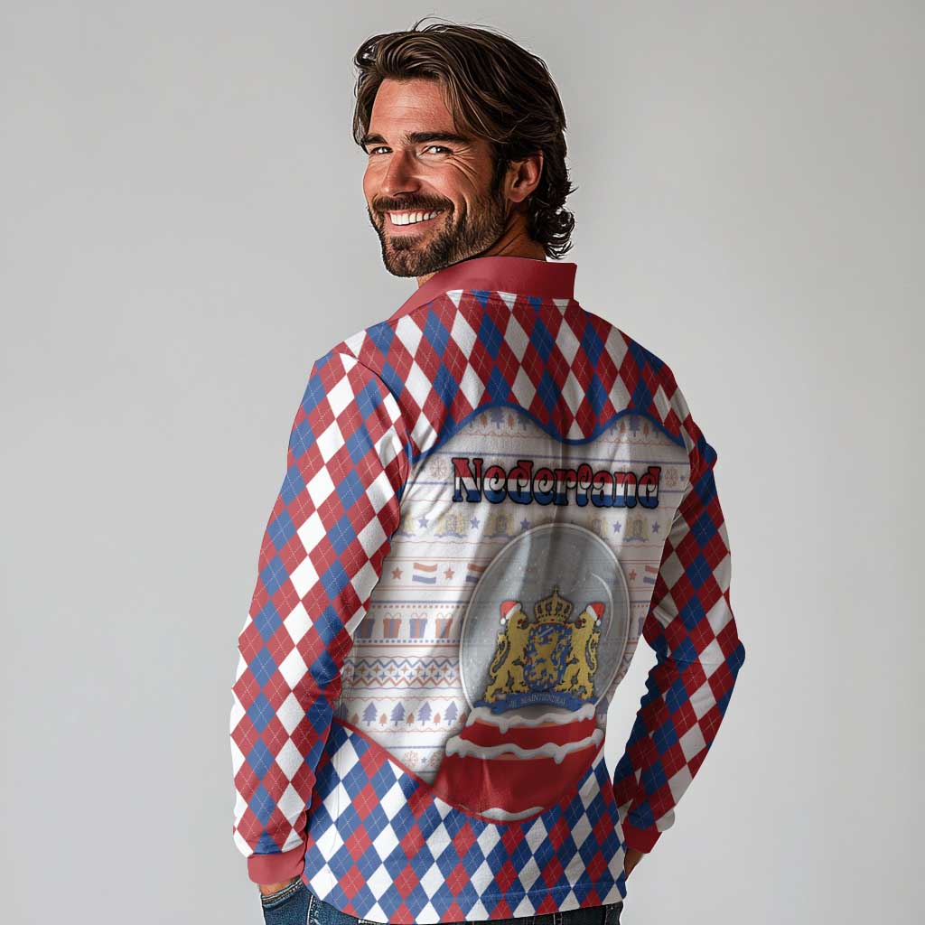 Netherlands Christmas Long Sleeve Polo Shirt Lion Symbol In Snow Globe - Wonder Print Shop