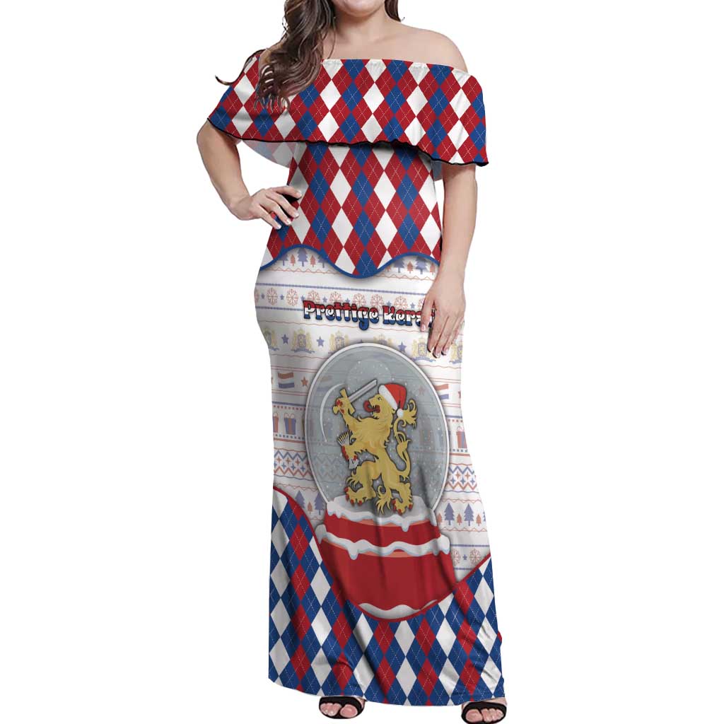Netherlands Christmas Off Shoulder Maxi Dress Lion Symbol In Snow Globe - Wonder Print Shop