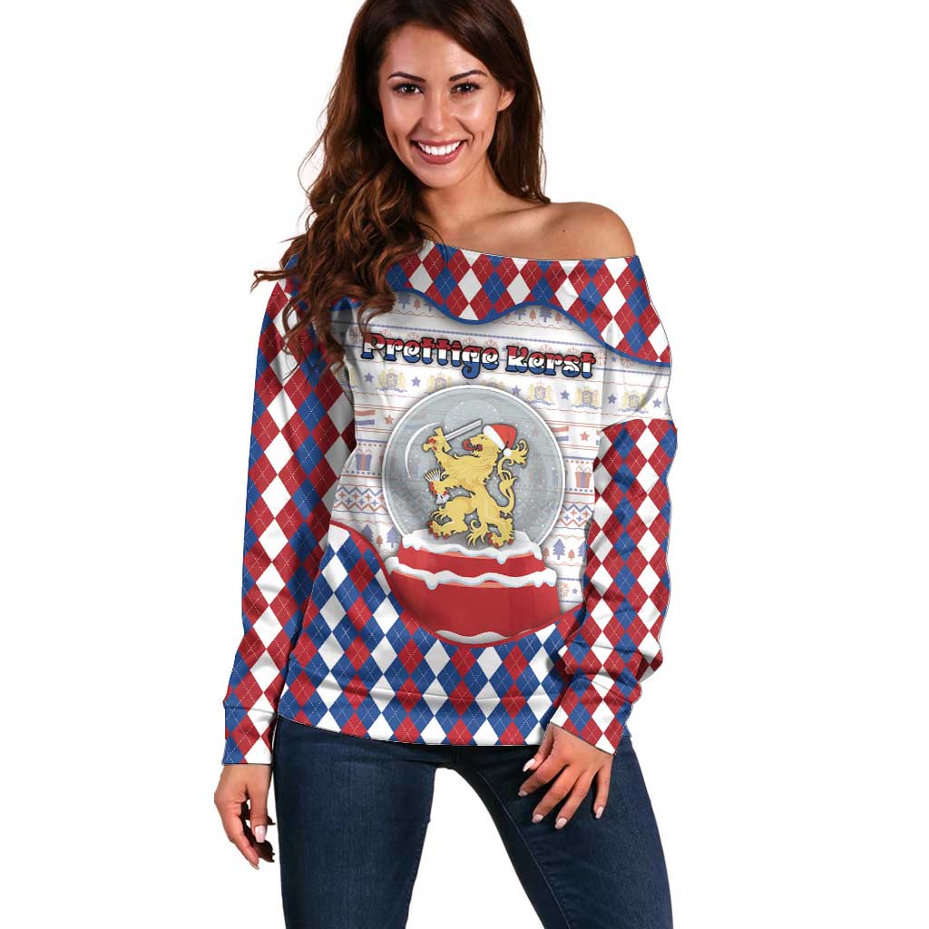 Netherlands Christmas Off Shoulder Sweater Lion Symbol In Snow Globe - Wonder Print Shop
