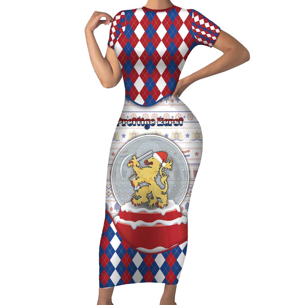 Netherlands Christmas Short Sleeve Bodycon Dress Lion Symbol In Snow Globe - Wonder Print Shop