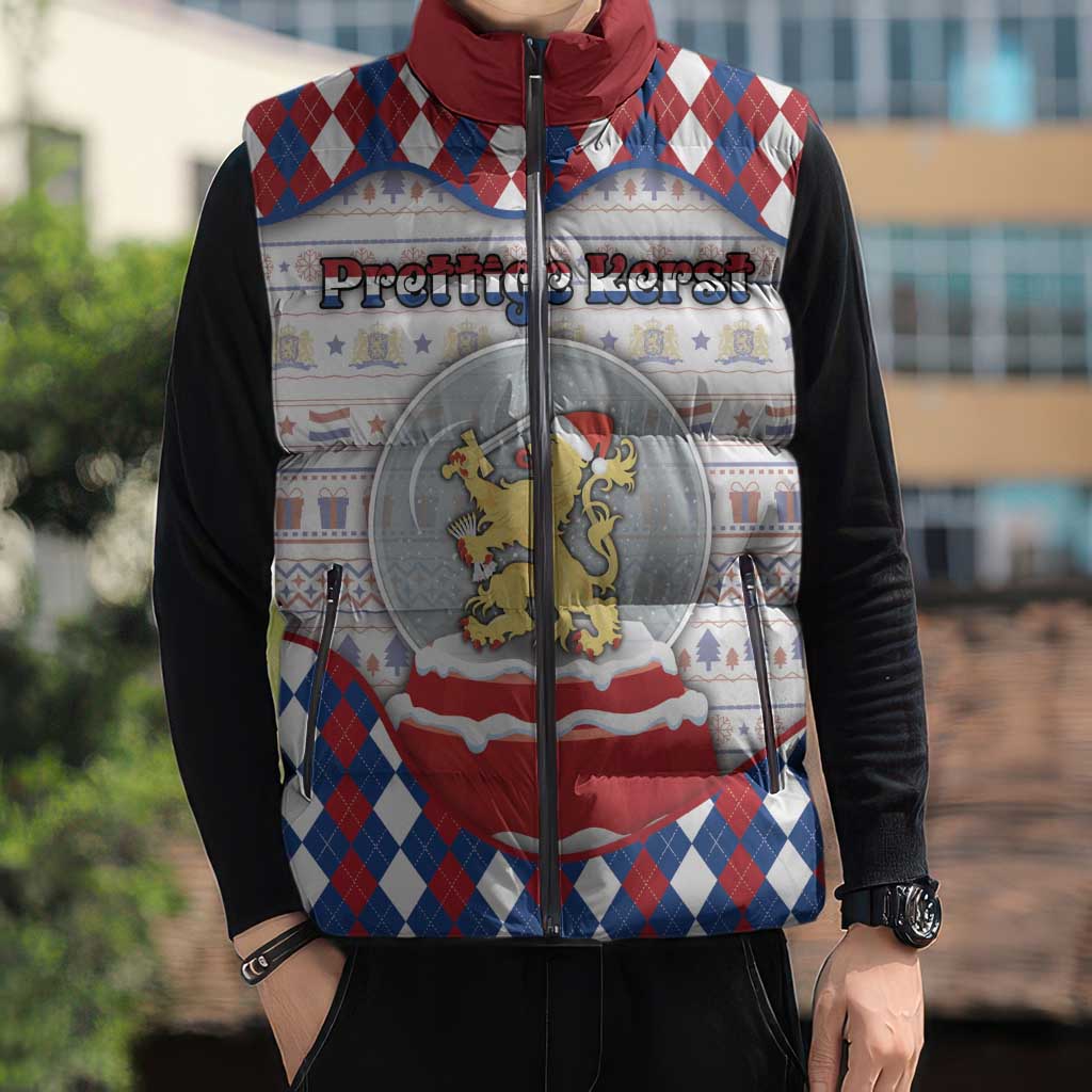 Netherlands Christmas Sleeveless Puffer Jacket Lion Symbol In Snow Globe - Wonder Print Shop
