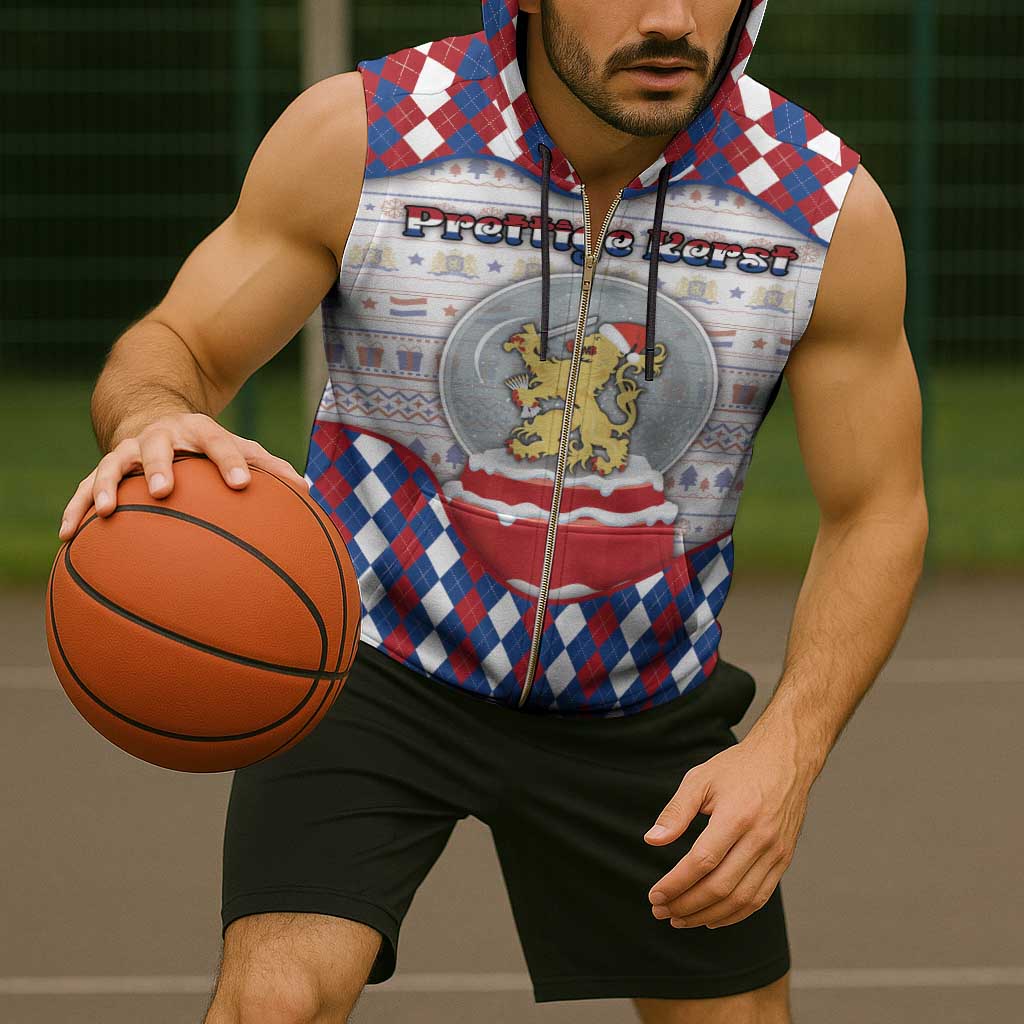 Netherlands Christmas Sleeveless Zip Hoodie Lion Symbol In Snow Globe - Wonder Print Shop