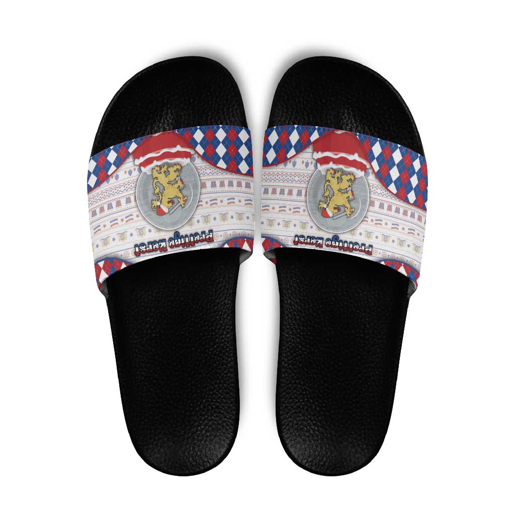 Netherlands Christmas Slide Sandals Lion Symbol In Snow Globe - Wonder Print Shop