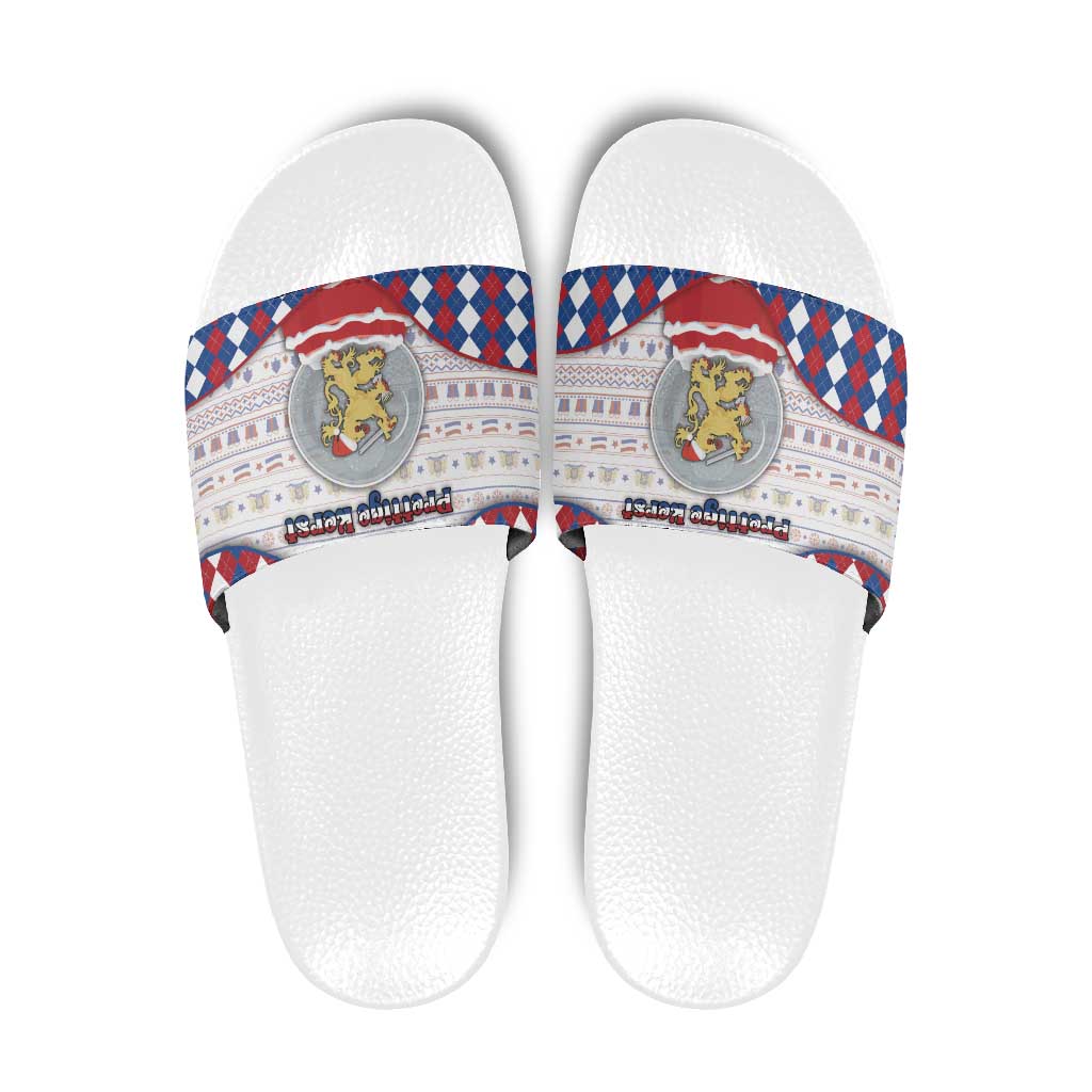 Netherlands Christmas Slide Sandals Lion Symbol In Snow Globe - Wonder Print Shop