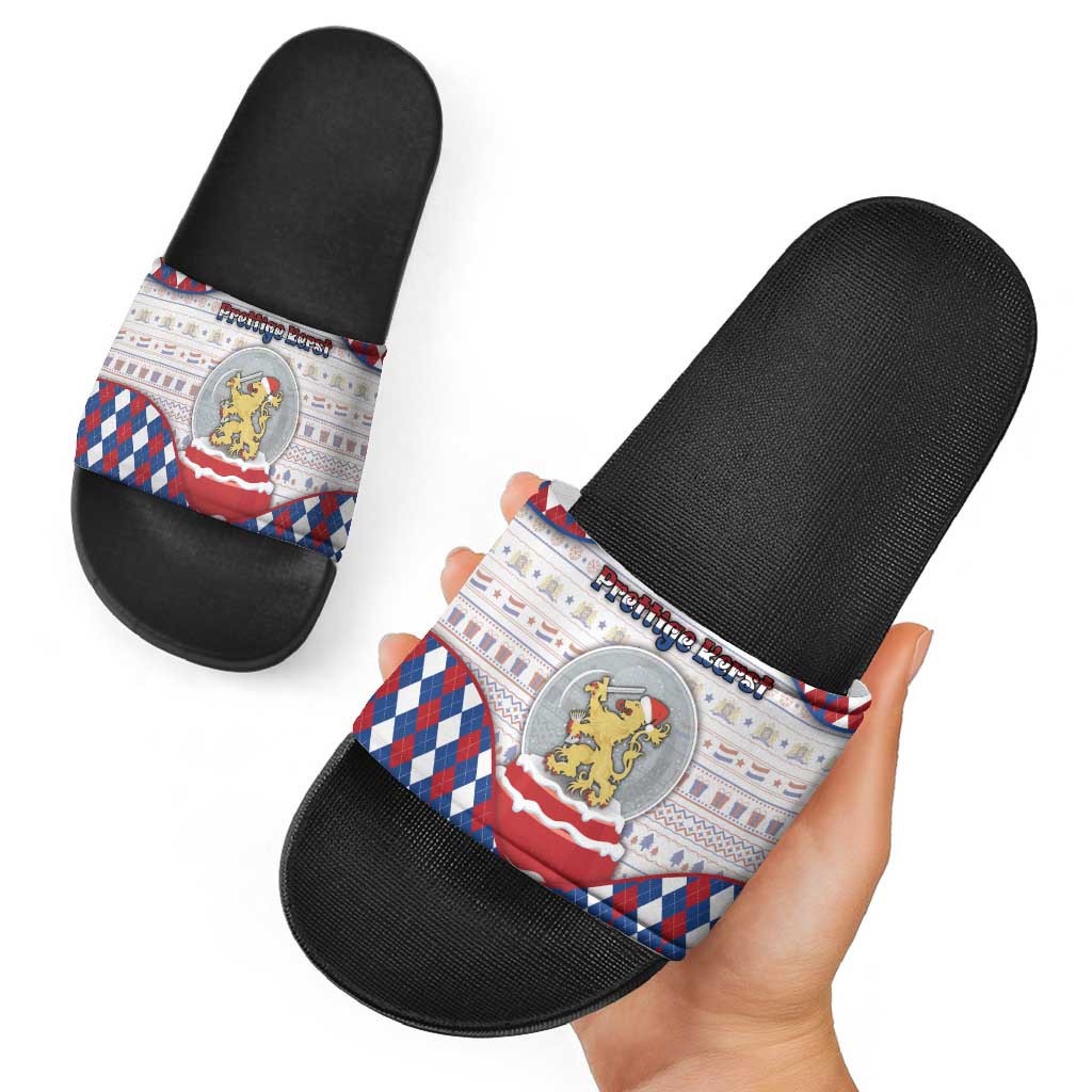 Netherlands Christmas Slide Sandals Lion Symbol In Snow Globe - Wonder Print Shop