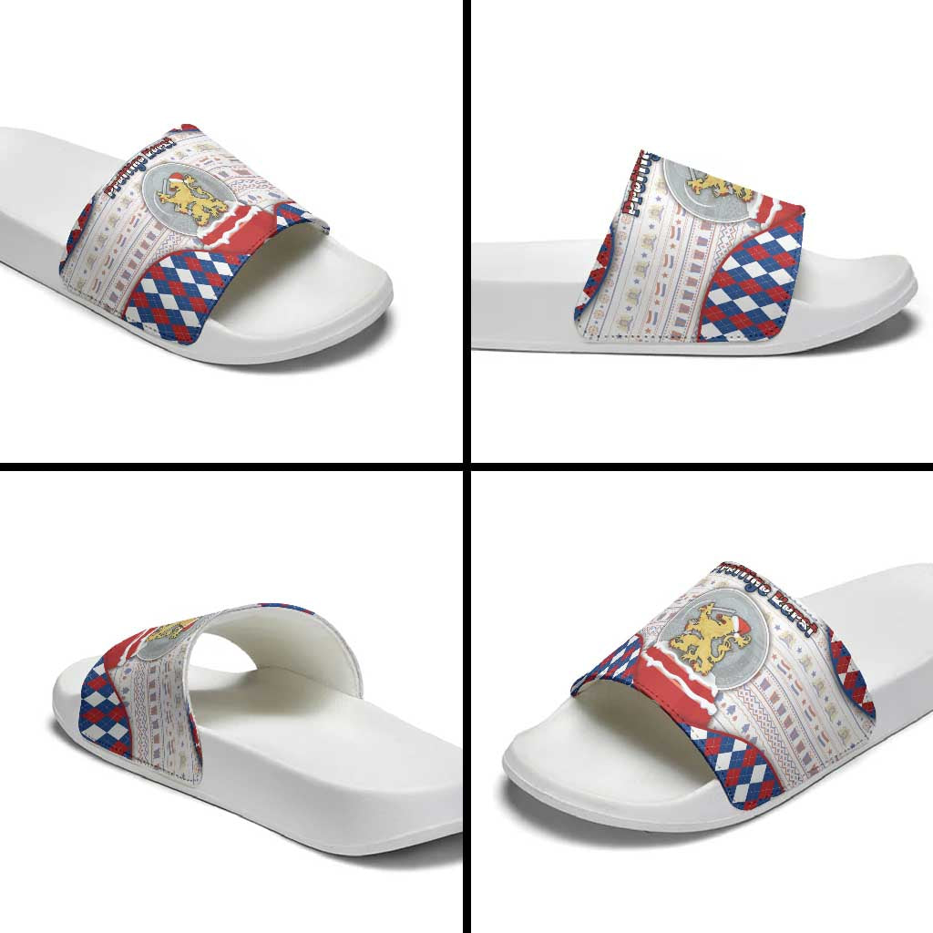 Netherlands Christmas Slide Sandals Lion Symbol In Snow Globe - Wonder Print Shop