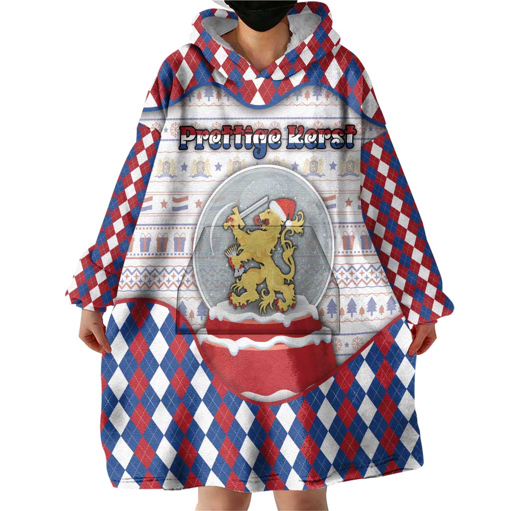 Netherlands Christmas Wearable Blanket Hoodie Lion Symbol In Snow Globe - Wonder Print Shop
