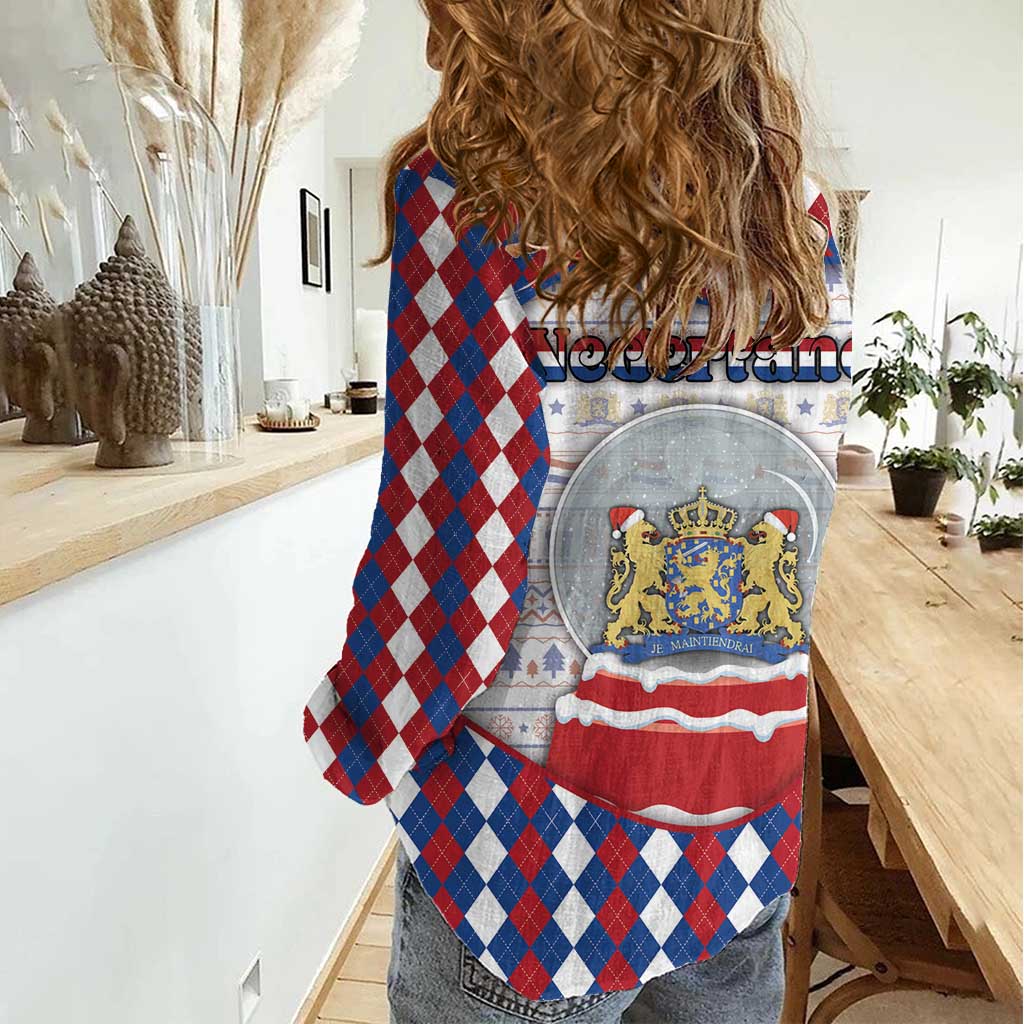 Netherlands Christmas Women Casual Shirt Lion Symbol In Snow Globe - Wonder Print Shop