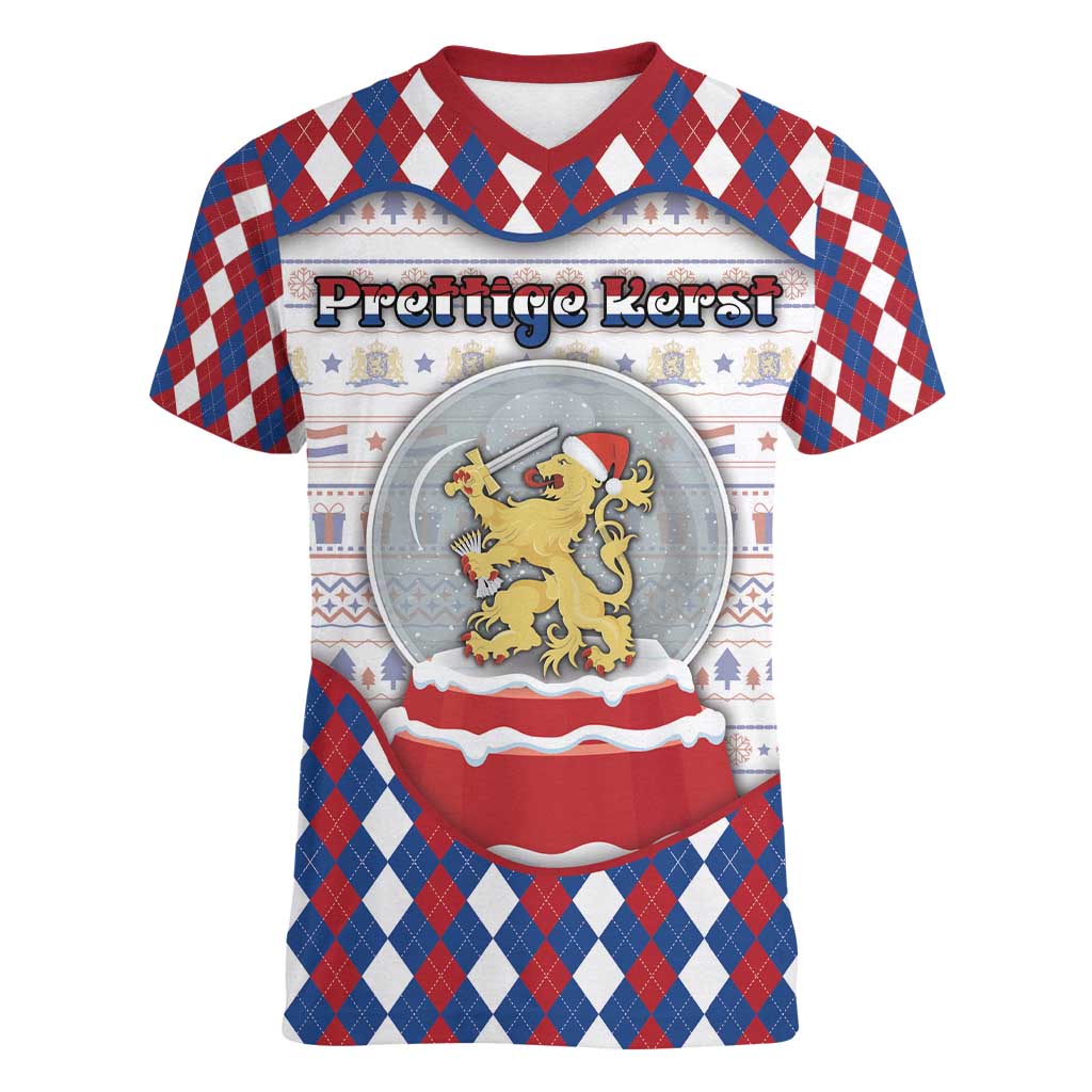 Netherlands Christmas Women V-Neck T-Shirt Lion Symbol In Snow Globe - Wonder Print Shop