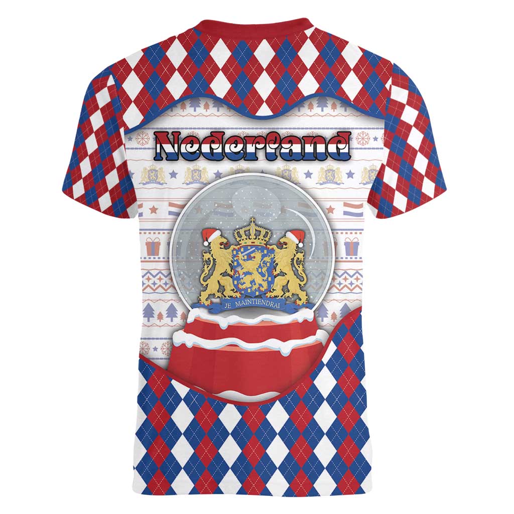 Netherlands Christmas Women V-Neck T-Shirt Lion Symbol In Snow Globe - Wonder Print Shop