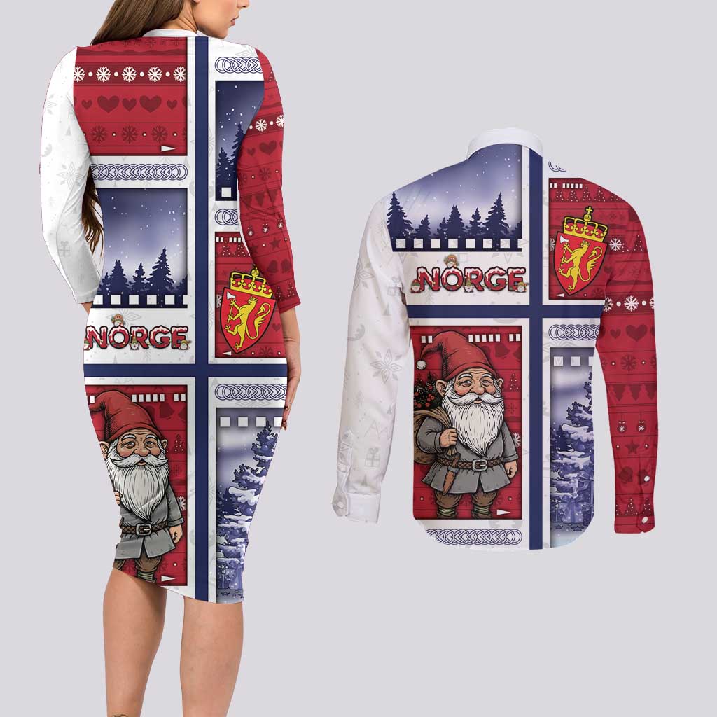 Norway Christmas Couples Matching Long Sleeve Bodycon Dress and Long Sleeve Button Shirt Julenisse God Jul - Wonder Print Shop