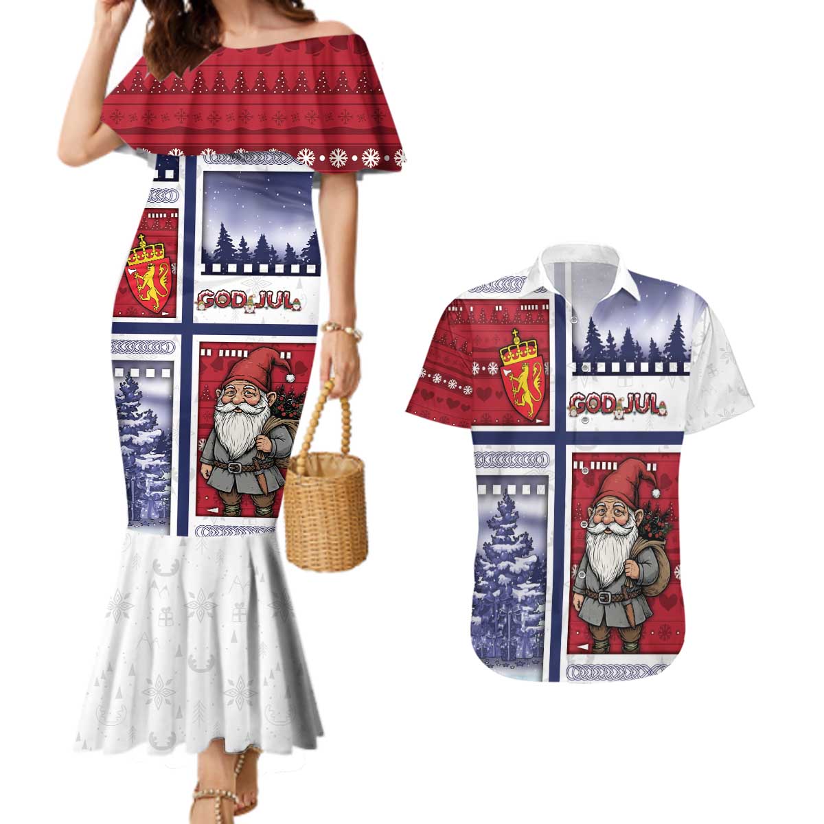 Norway Christmas Couples Matching Mermaid Dress and Hawaiian Shirt Julenisse God Jul - Wonder Print Shop