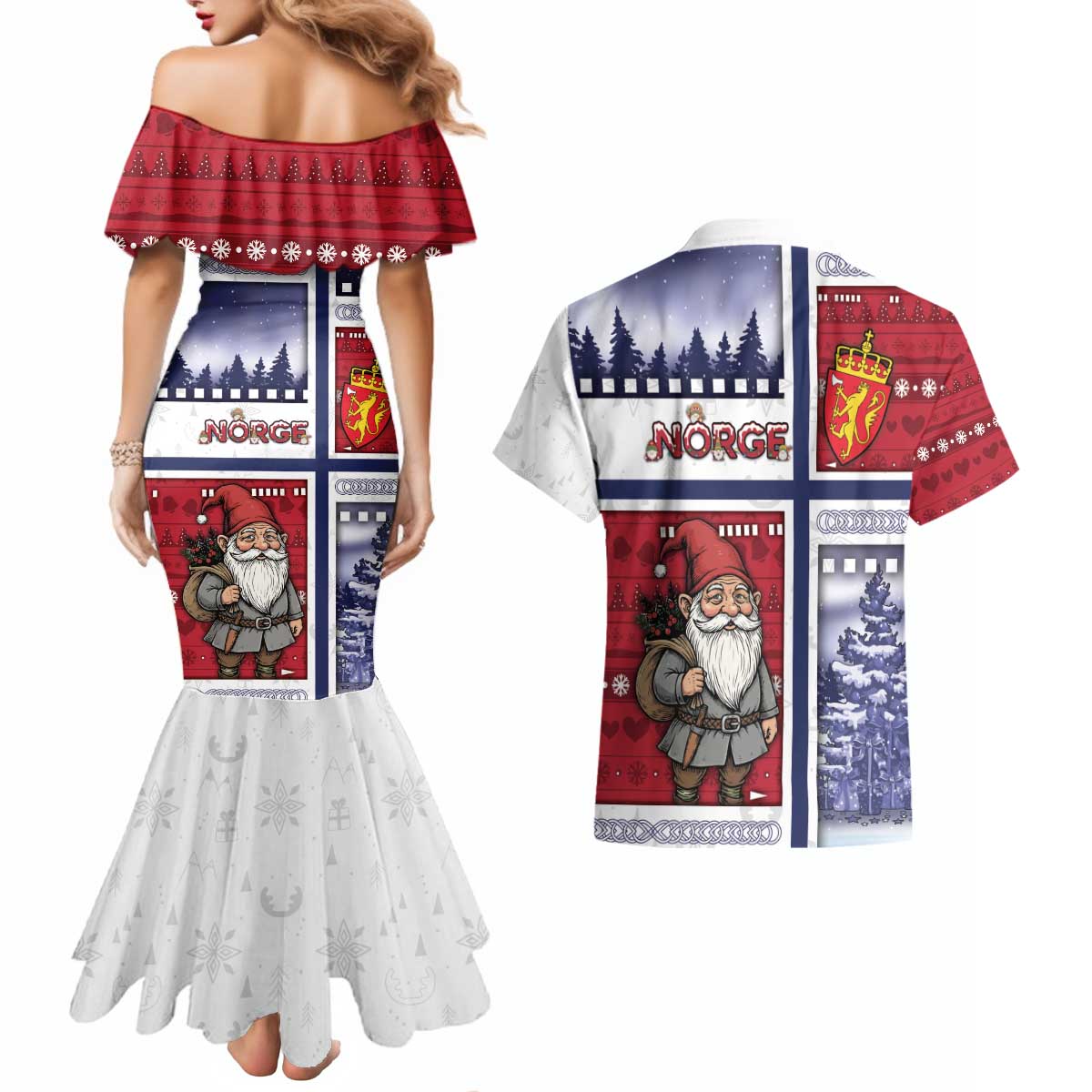 Norway Christmas Couples Matching Mermaid Dress and Hawaiian Shirt Julenisse God Jul - Wonder Print Shop