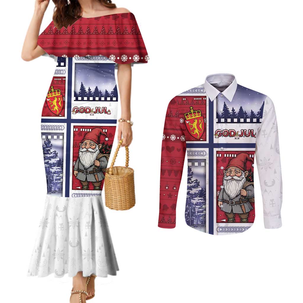 Norway Christmas Couples Matching Mermaid Dress and Long Sleeve Button Shirt Julenisse God Jul - Wonder Print Shop