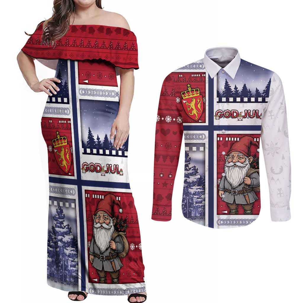 Norway Christmas Couples Matching Off Shoulder Maxi Dress and Long Sleeve Button Shirt Julenisse God Jul - Wonder Print Shop