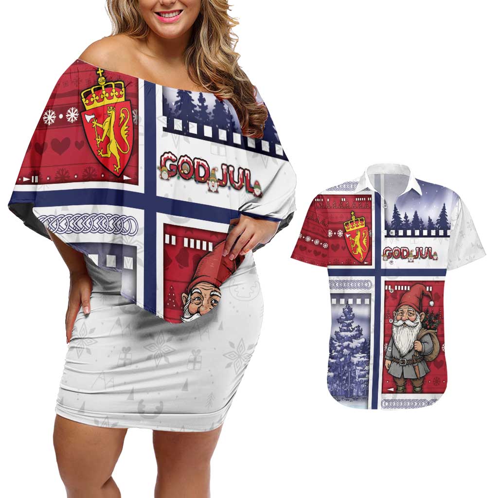 Norway Christmas Couples Matching Off Shoulder Short Dress and Hawaiian Shirt Julenisse God Jul - Wonder Print Shop