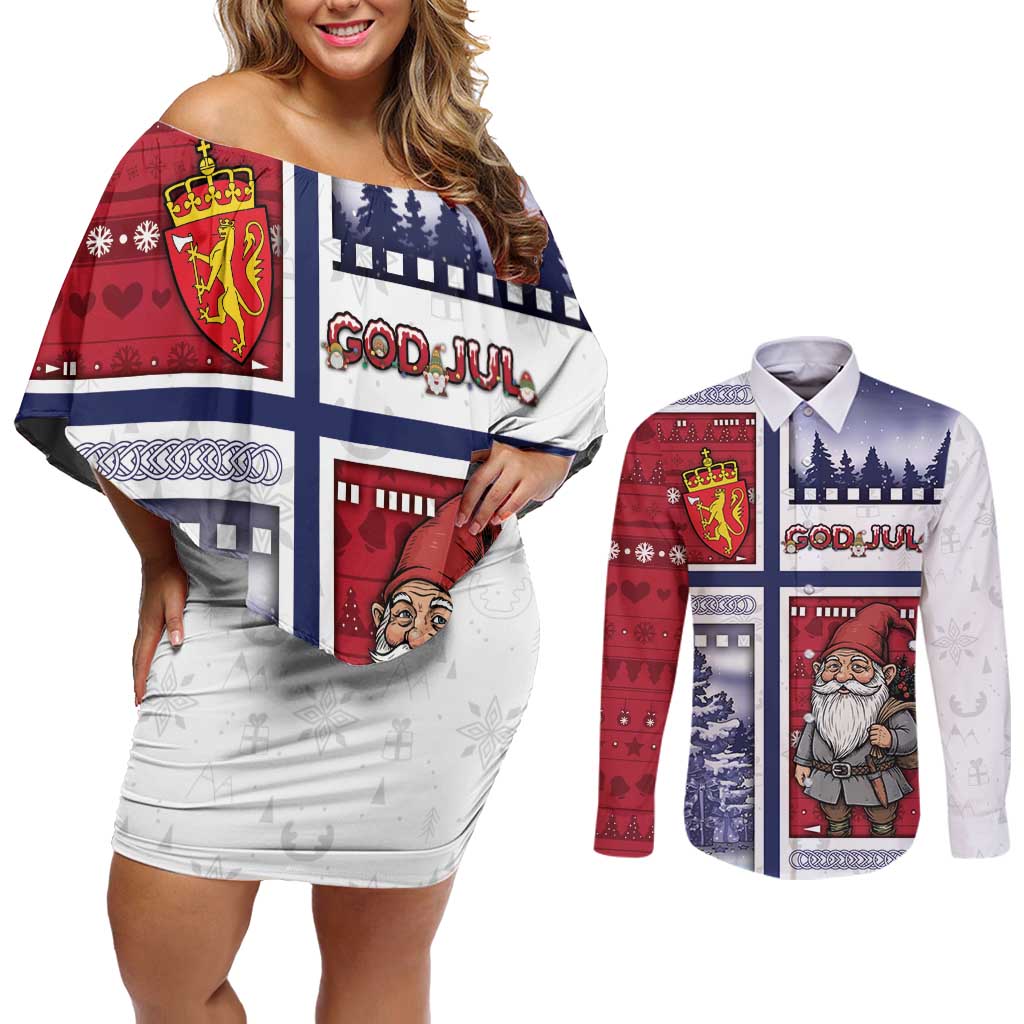 Norway Christmas Couples Matching Off Shoulder Short Dress and Long Sleeve Button Shirt Julenisse God Jul - Wonder Print Shop
