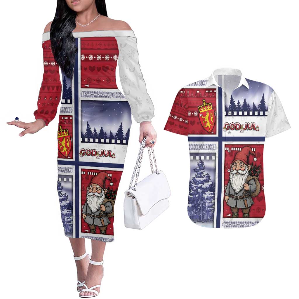 Norway Christmas Couples Matching Off The Shoulder Long Sleeve Dress and Hawaiian Shirt Julenisse God Jul - Wonder Print Shop
