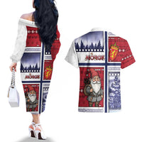 Norway Christmas Couples Matching Off The Shoulder Long Sleeve Dress and Hawaiian Shirt Julenisse God Jul - Wonder Print Shop