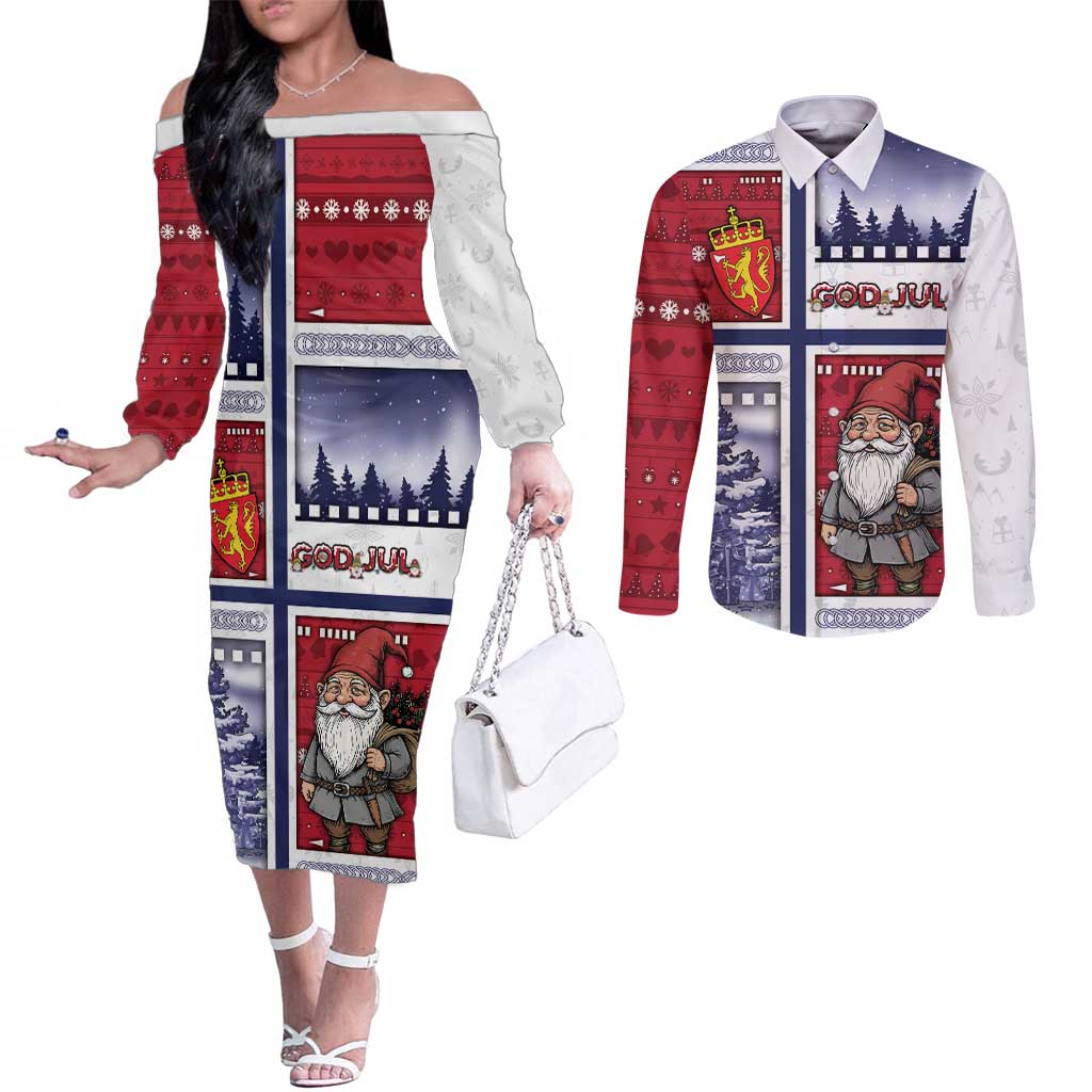 Norway Christmas Couples Matching Off The Shoulder Long Sleeve Dress and Long Sleeve Button Shirt Julenisse God Jul - Wonder Print Shop