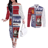 Norway Christmas Couples Matching Off The Shoulder Long Sleeve Dress and Long Sleeve Button Shirt Julenisse God Jul - Wonder Print Shop