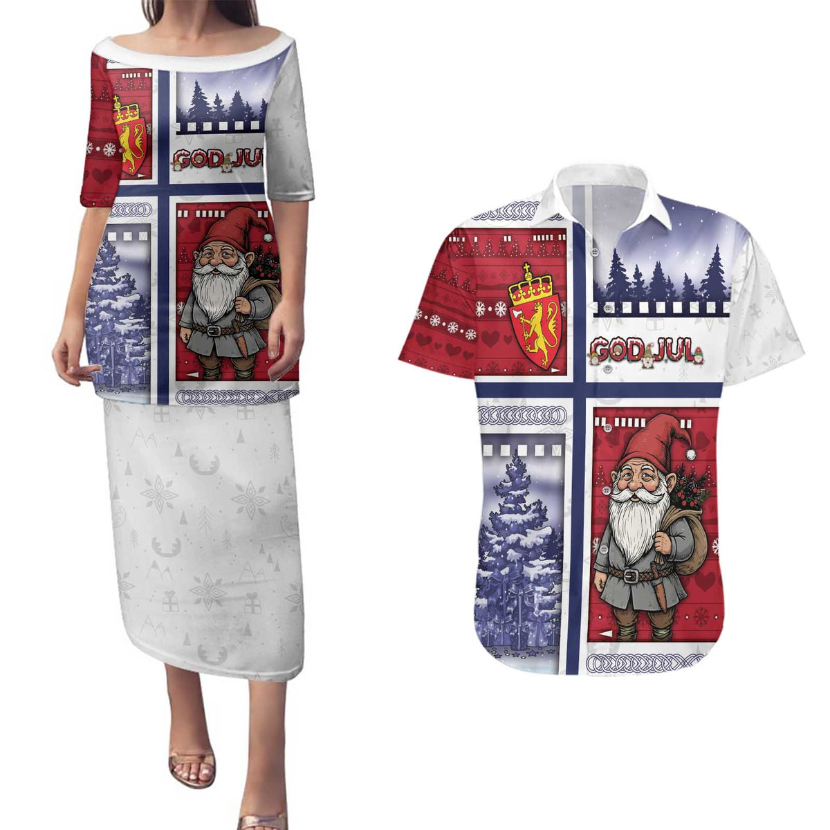 Norway Christmas Couples Matching Puletasi and Hawaiian Shirt Julenisse God Jul - Wonder Print Shop
