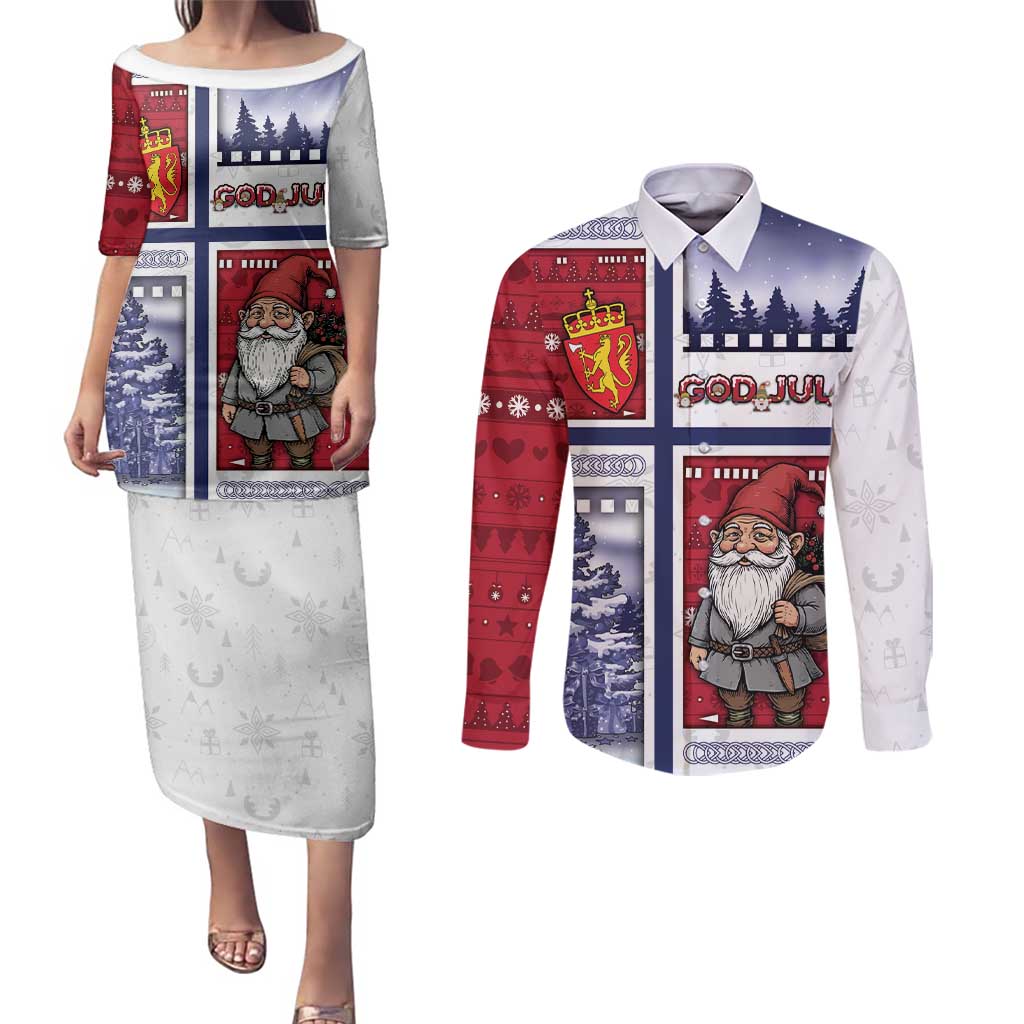 Norway Christmas Couples Matching Puletasi and Long Sleeve Button Shirt Julenisse God Jul - Wonder Print Shop