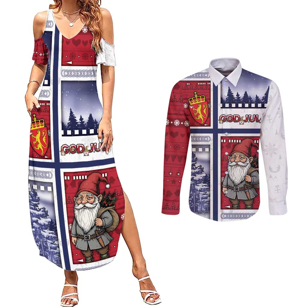 Norway Christmas Couples Matching Summer Maxi Dress and Long Sleeve Button Shirt Julenisse God Jul - Wonder Print Shop
