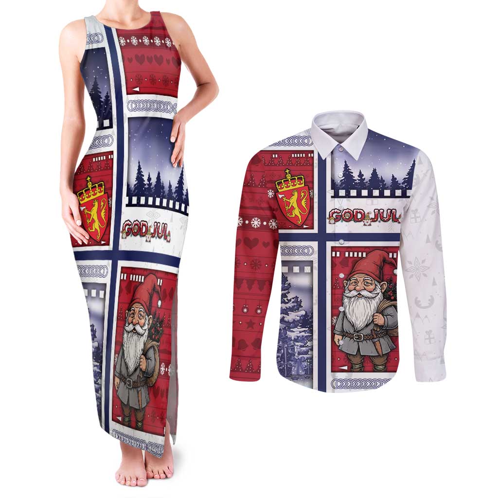 Norway Christmas Couples Matching Tank Maxi Dress and Long Sleeve Button Shirt Julenisse God Jul - Wonder Print Shop