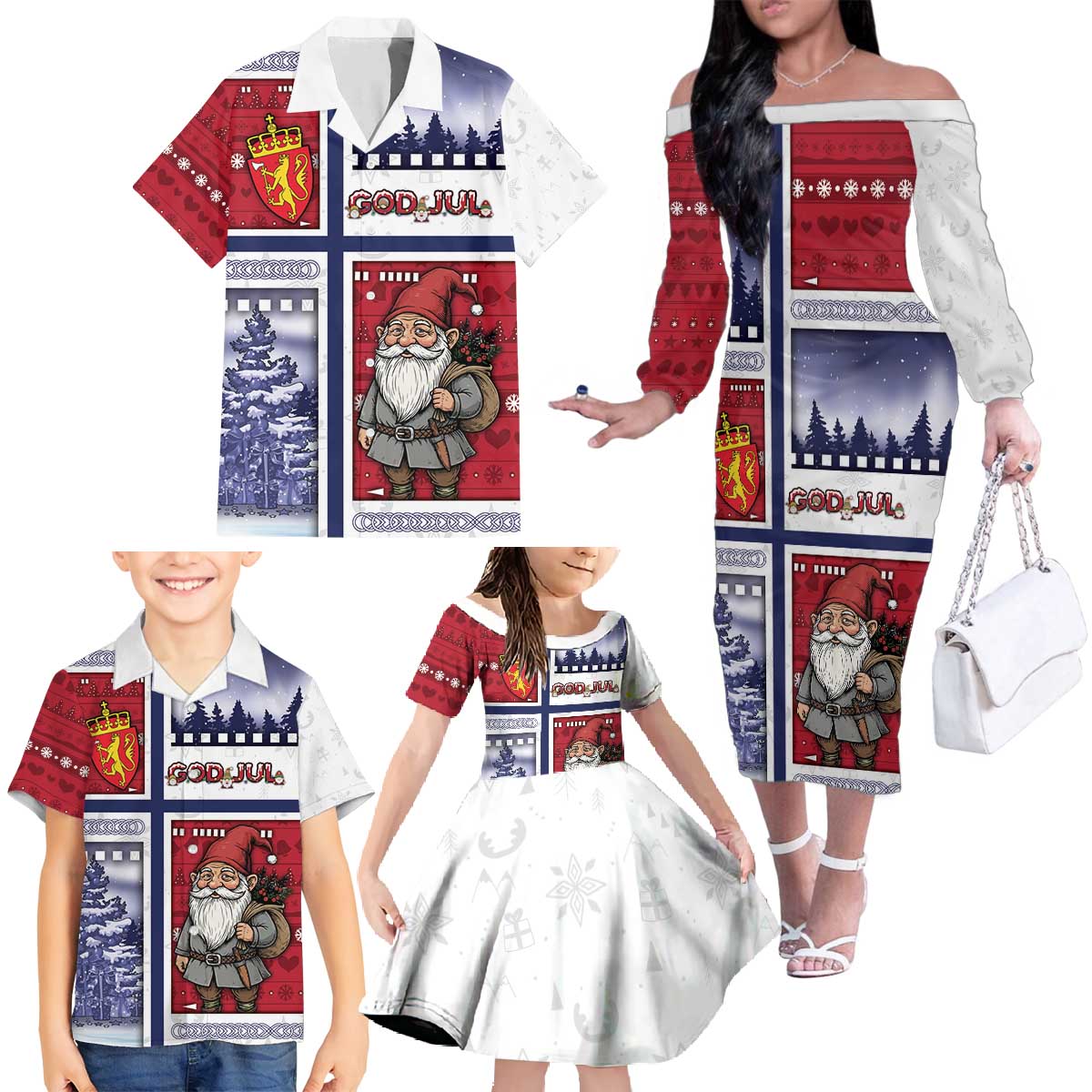 Norway Christmas Family Matching Off The Shoulder Long Sleeve Dress and Hawaiian Shirt Julenisse God Jul - Wonder Print Shop