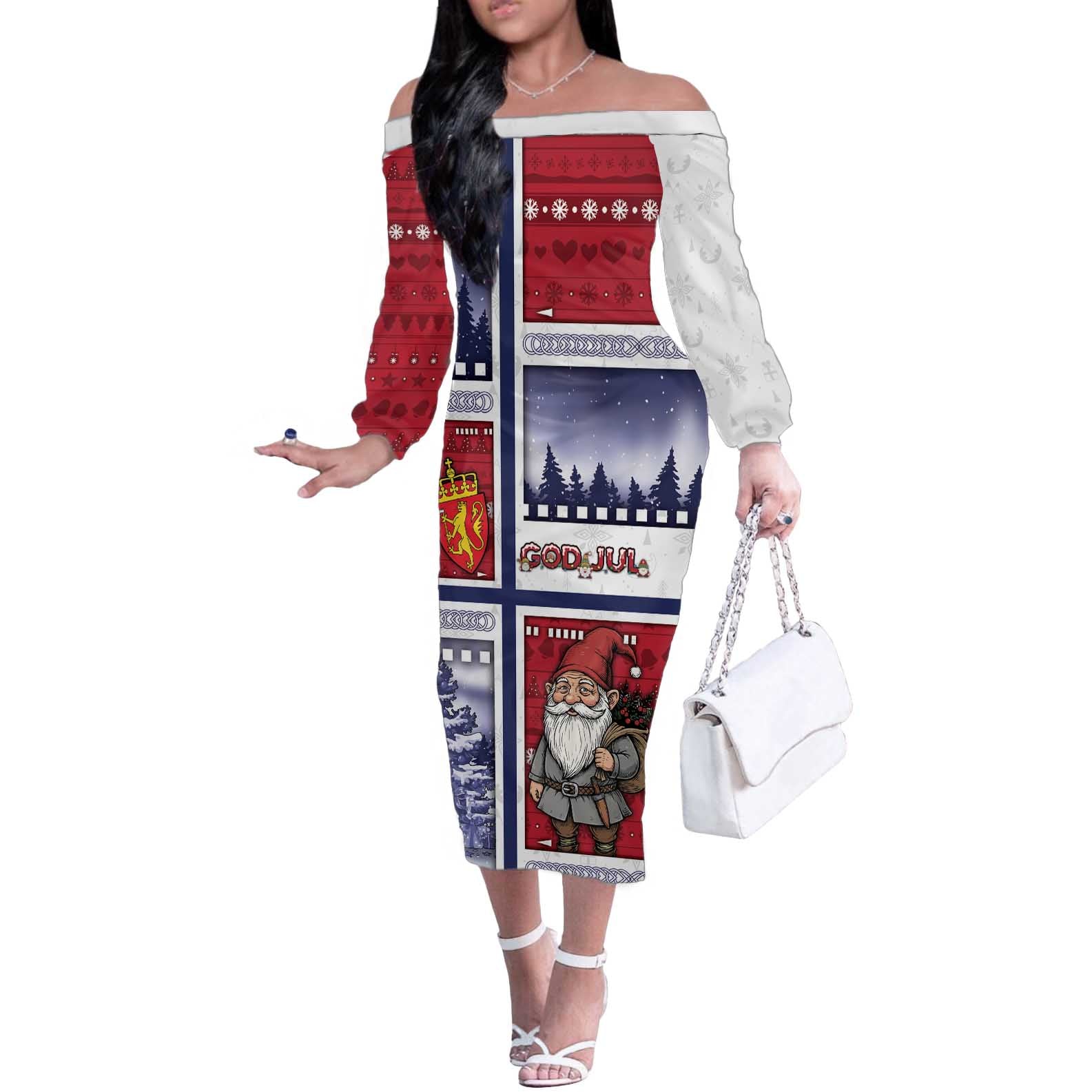 Norway Christmas Off The Shoulder Long Sleeve Dress Julenisse God Jul - Wonder Print Shop