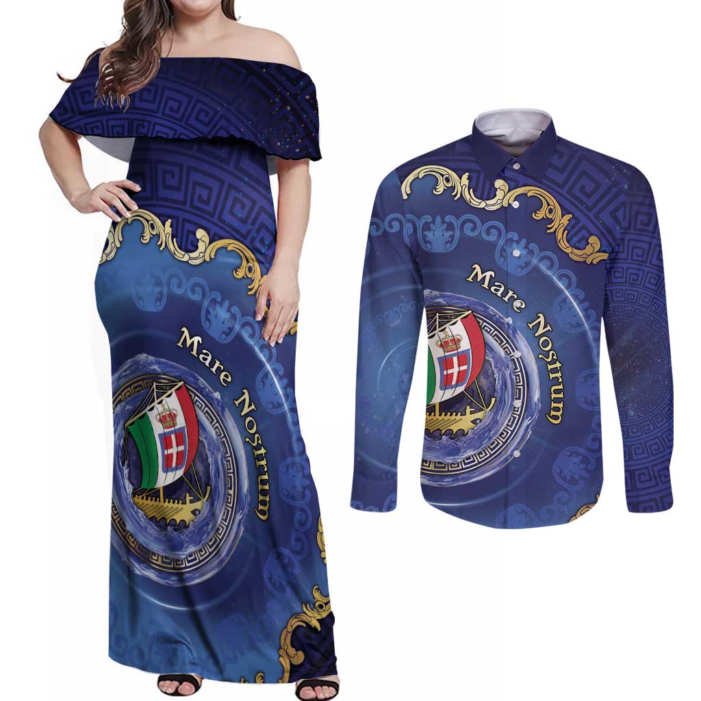 Italian Empire Couples Matching Off Shoulder Maxi Dress and Long Sleeve Button Shirt Concept Of Mare Nostrum - Wonder Print Shop