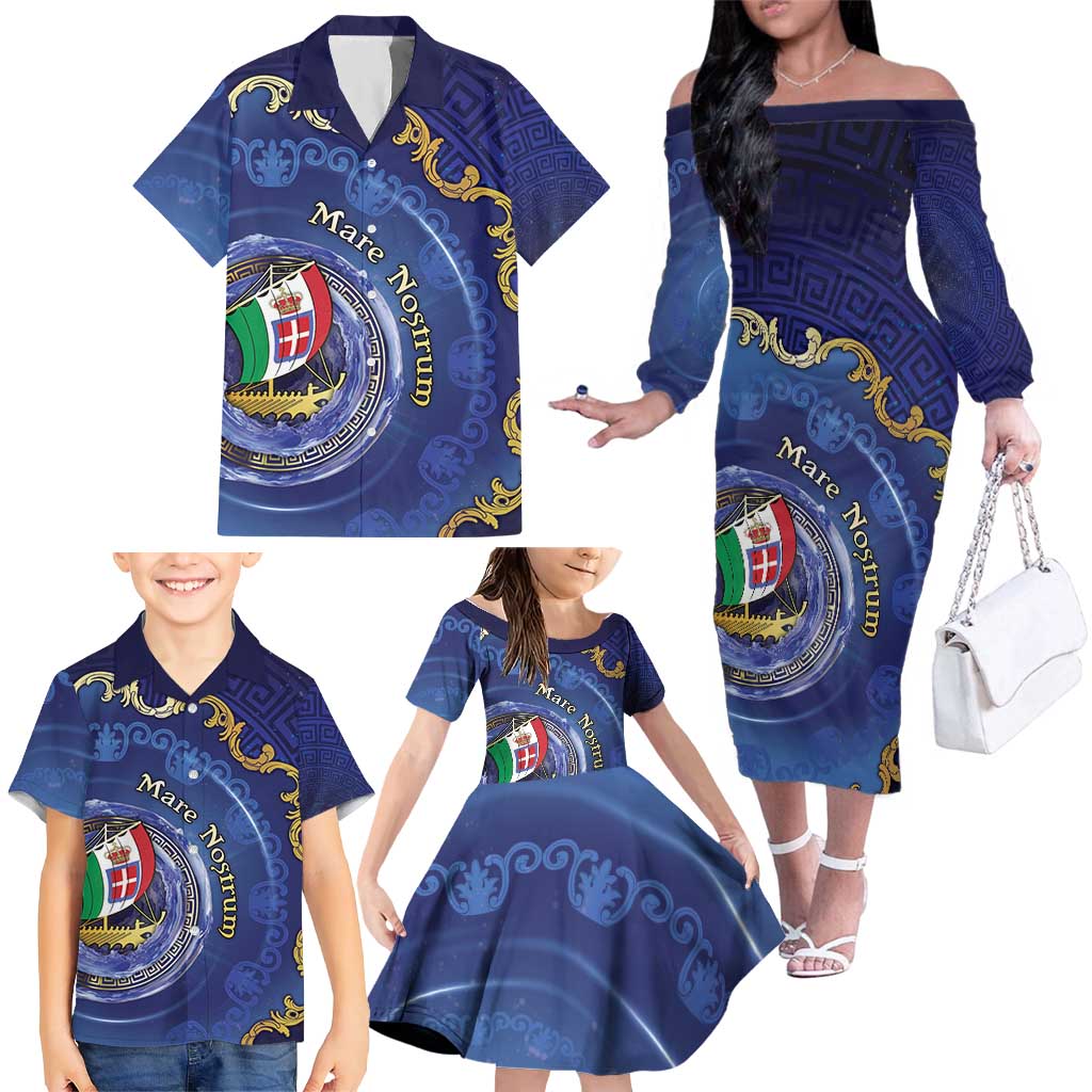 Italian Empire Family Matching Off The Shoulder Long Sleeve Dress and Hawaiian Shirt Concept Of Mare Nostrum - Wonder Print Shop