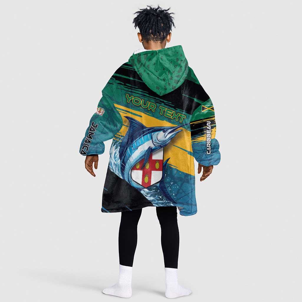 Personalized Afro-Jamaicans Fishing Kid Wearable Blanket Hoodie Blue Marlin Fish