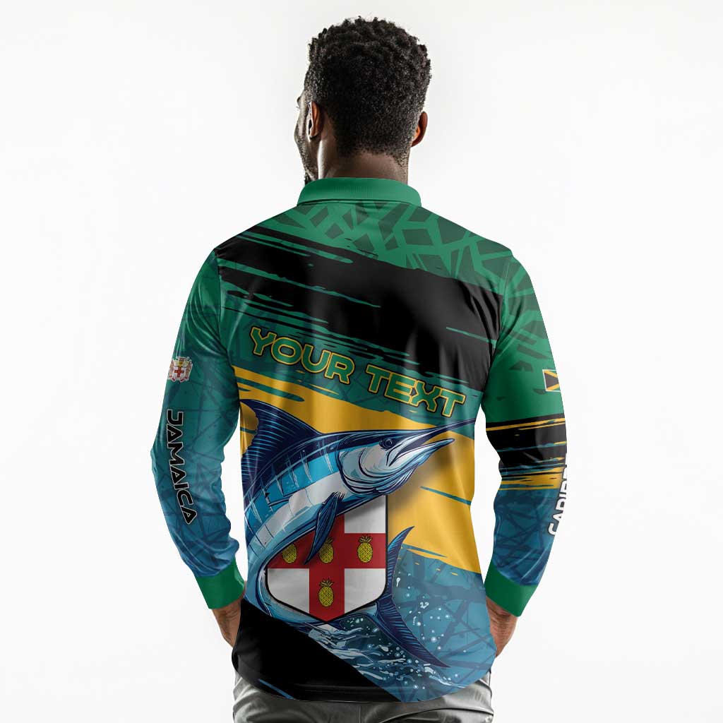 Personalized Afro-Jamaicans Fishing Long Sleeve Polo Shirt Blue Marlin Fish