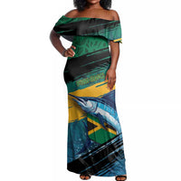 Personalized Afro-Jamaicans Fishing Off Shoulder Maxi Dress Blue Marlin Fish