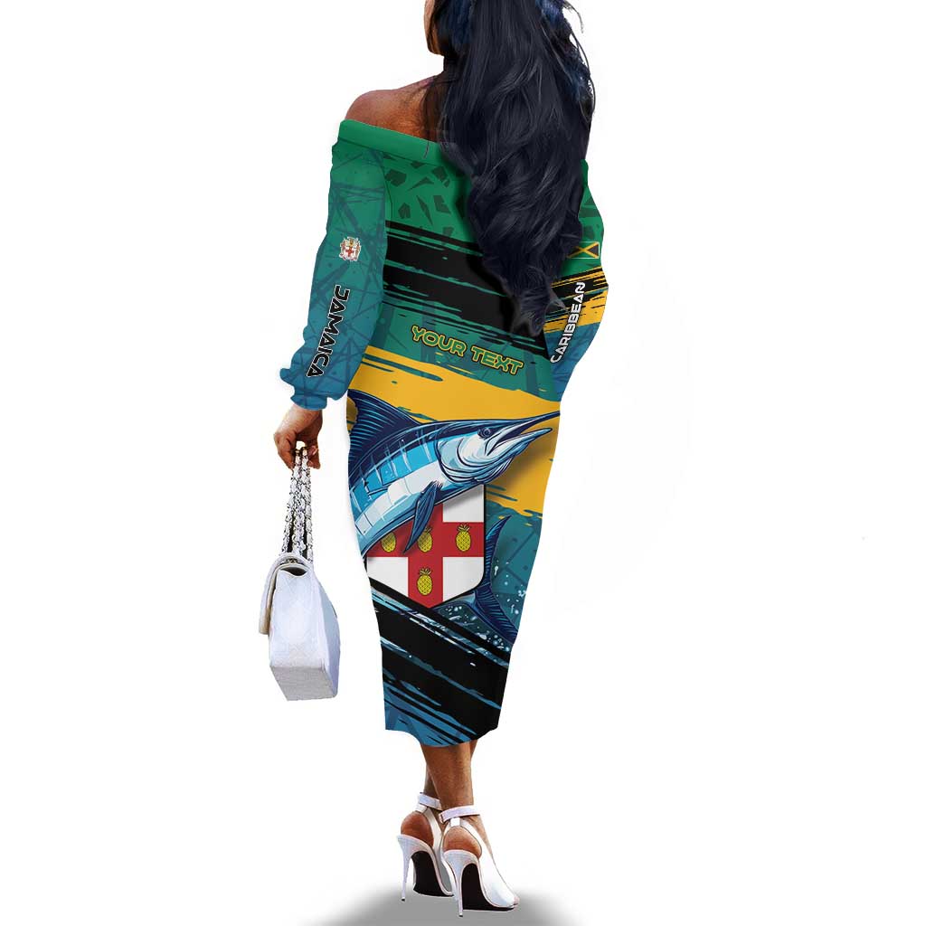 Personalized Afro-Jamaicans Fishing Off The Shoulder Long Sleeve Dress Blue Marlin Fish
