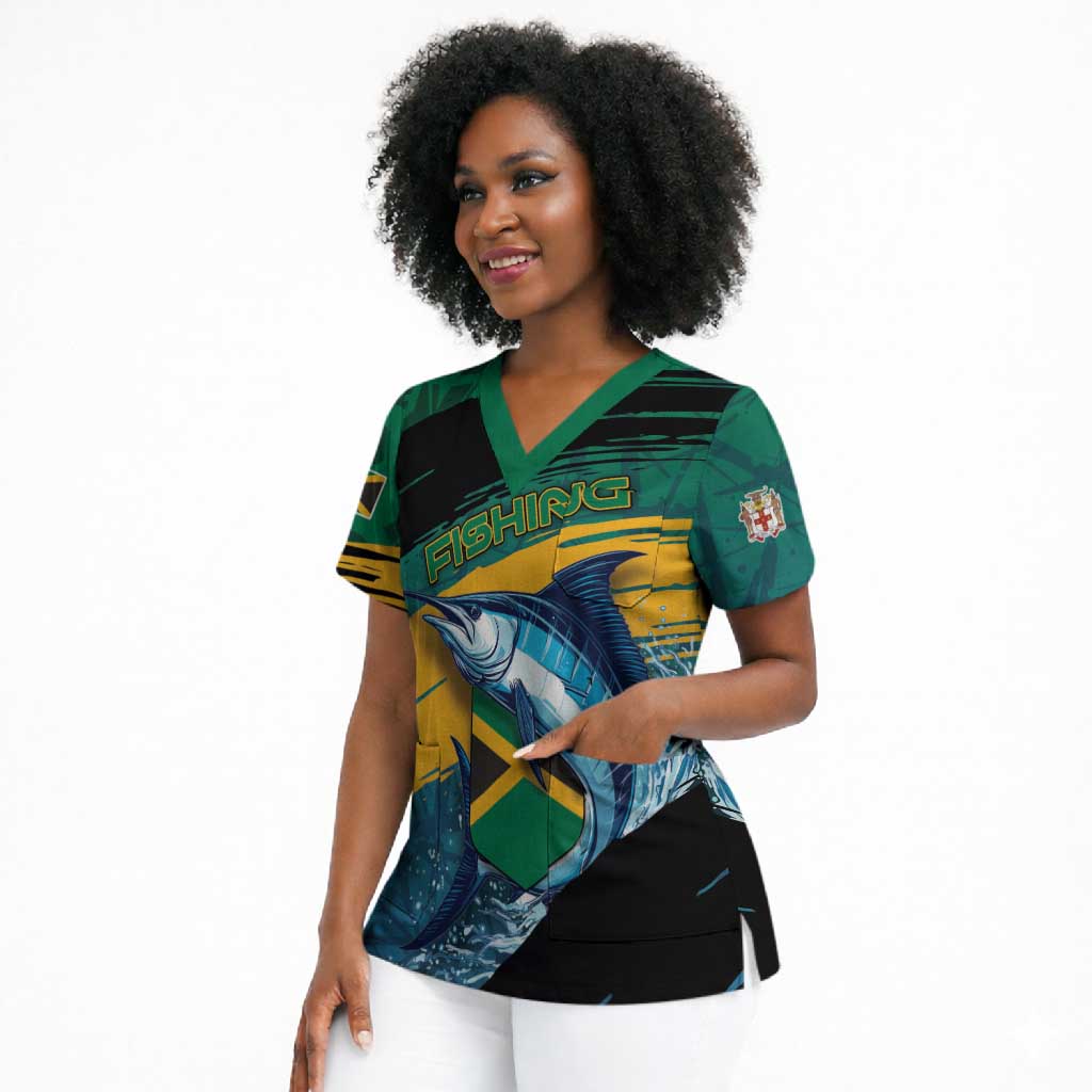 Personalized Afro-Jamaicans Fishing Scrub Top Blue Marlin Fish