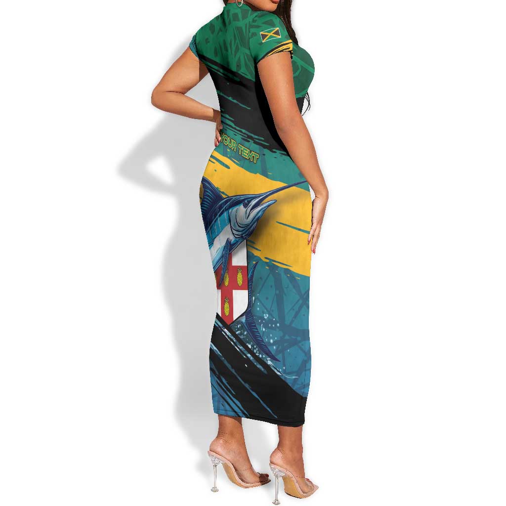 Personalized Afro-Jamaicans Fishing Short Sleeve Bodycon Dress Blue Marlin Fish