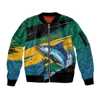 Personalized Afro-Jamaicans Fishing Sleeve Zip Bomber Jacket Blue Marlin Fish
